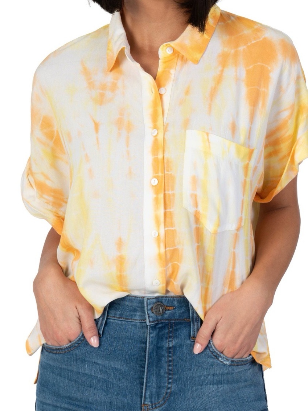 Kut From The Kloth Eden Button-Up Blouse Top Size SmallCrop Yellow Tie Dye NEW